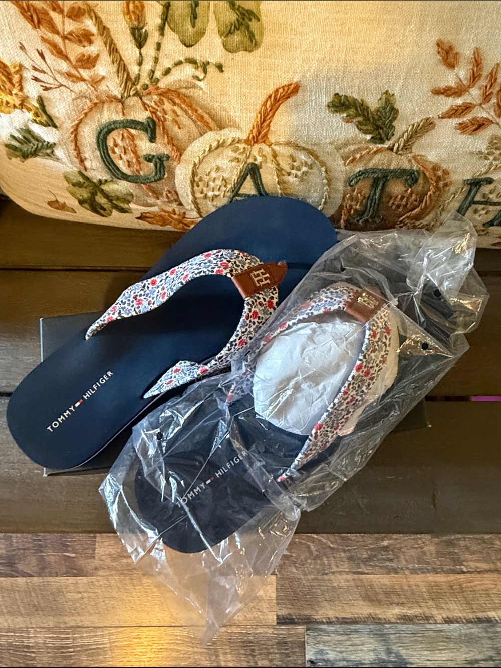 Tommy Hilfiger Navy Flip Flops with Floral Straps